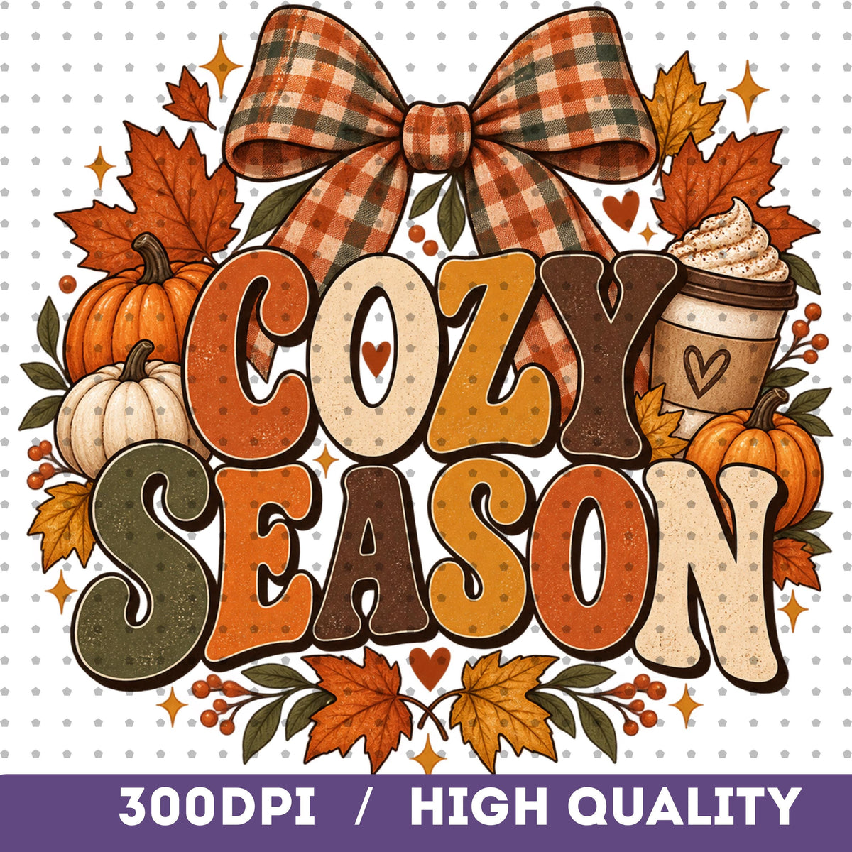 Cozy Season fall shirt design with pumpkin coffee, autumn leaves and plaid bow on a t-shirt mockup