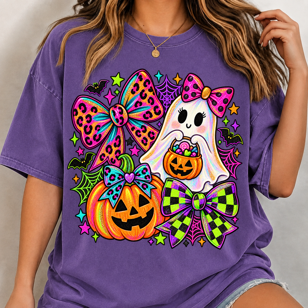 Spooky Ghost Neon Bows PNG Halloween leopard checkered bow shirt design, t-shirt mockup 4