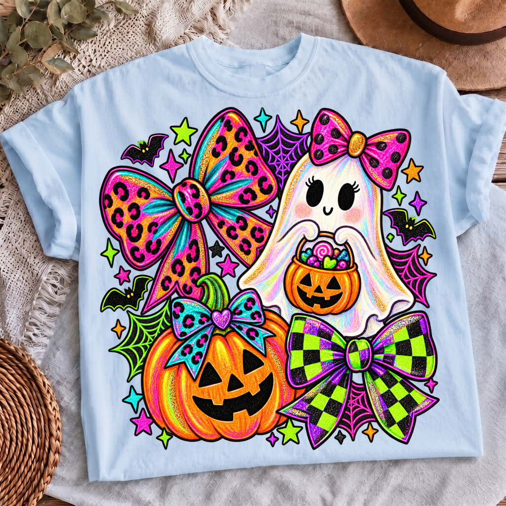 Spooky Ghost Neon Bows PNG Halloween leopard checkered bow shirt design, t-shirt mockup 3