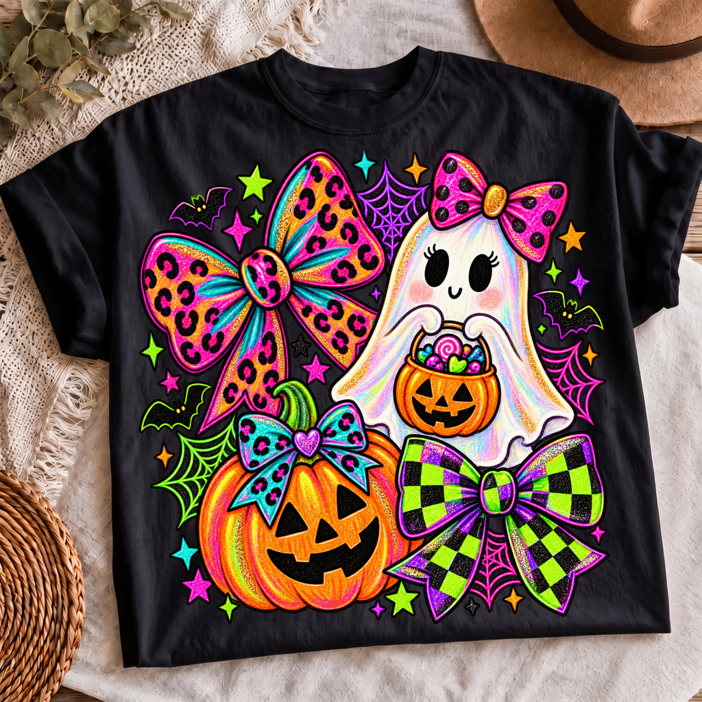 Spooky Ghost Neon Bows PNG Halloween leopard checkered bow shirt design, t-shirt mockup 2