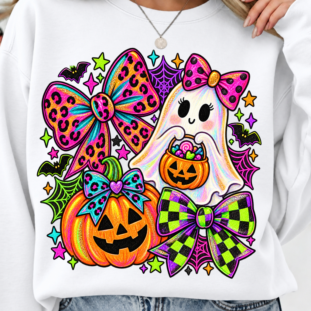 Spooky Ghost Neon Bows PNG Halloween leopard checkered bow shirt design, t-shirt mockup 5