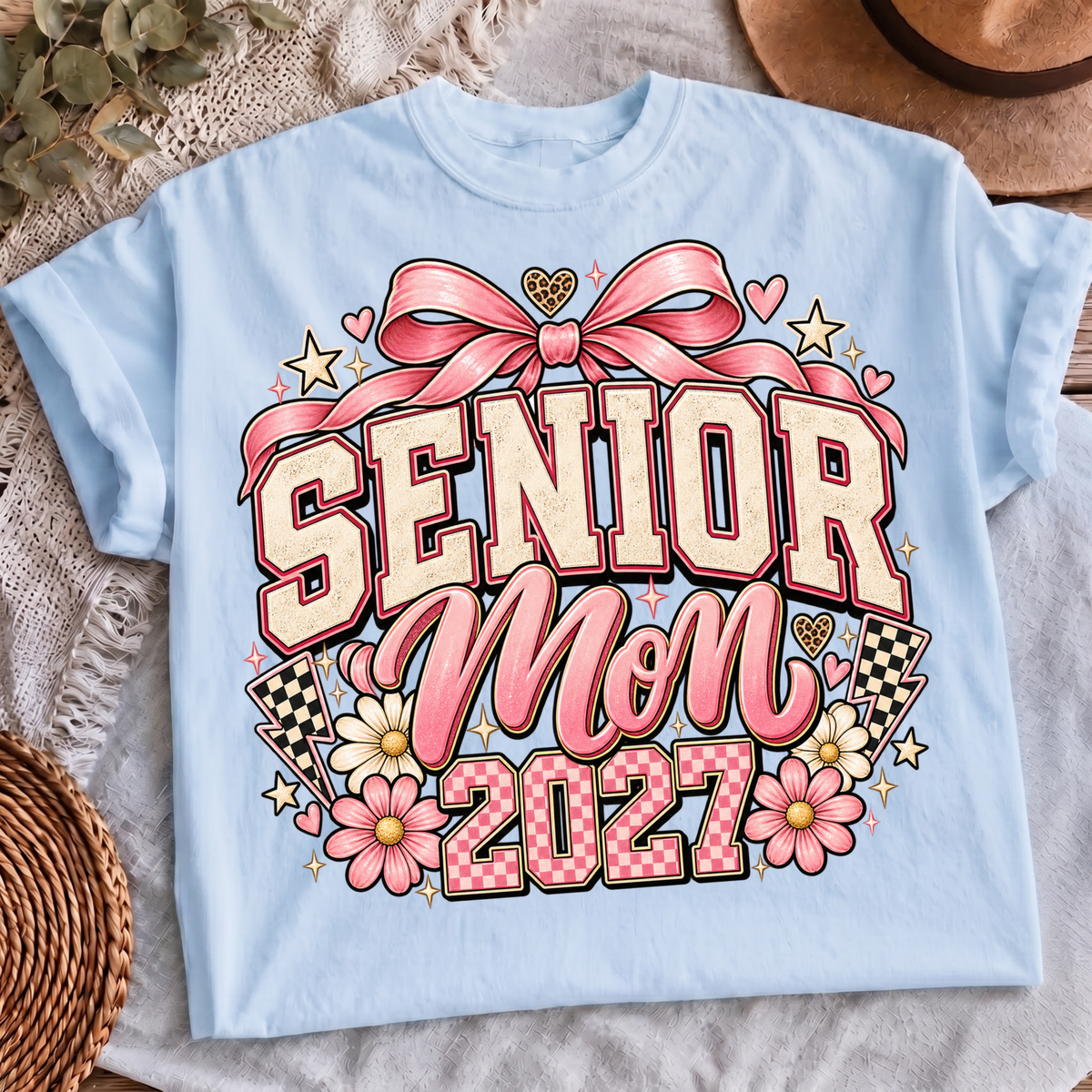 Senior Mom 2027 PNG coquette pink bow varsity shirt design, t-shirt mockup 4