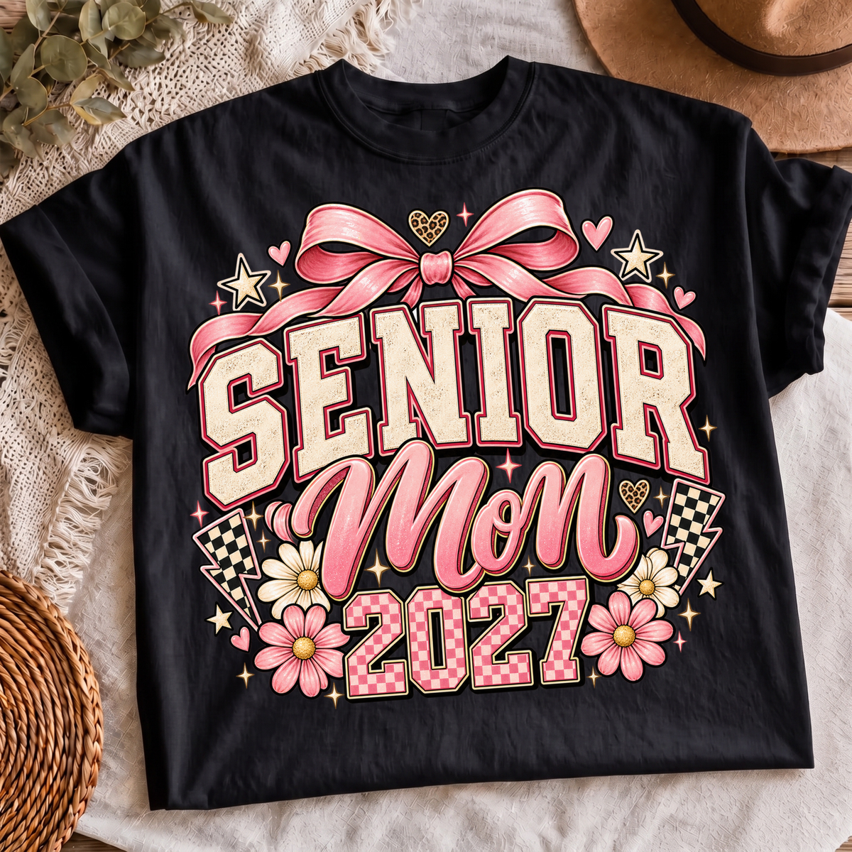 Senior Mom 2027 PNG coquette pink bow varsity shirt design, t-shirt mockup 3