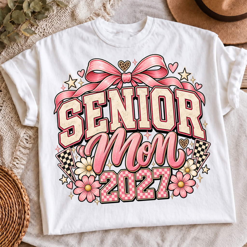 Senior Mom 2027 PNG coquette pink bow varsity shirt design, t-shirt mockup 2
