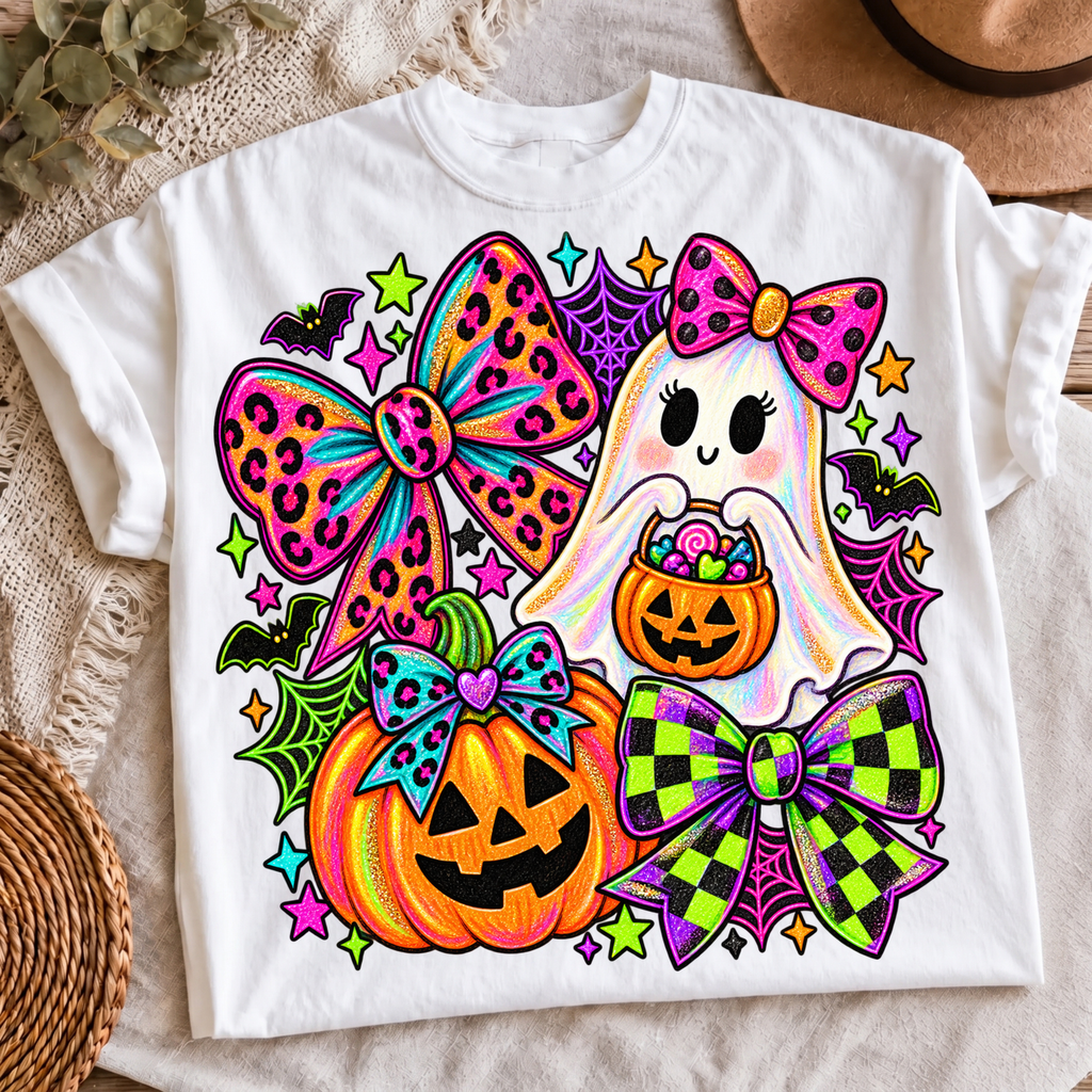 Spooky Ghost Neon Bows PNG Halloween leopard checkered bow shirt design mockup on t-shirt