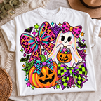 Spooky Ghost Neon Bows PNG Halloween leopard checkered bow shirt design mockup on t-shirt