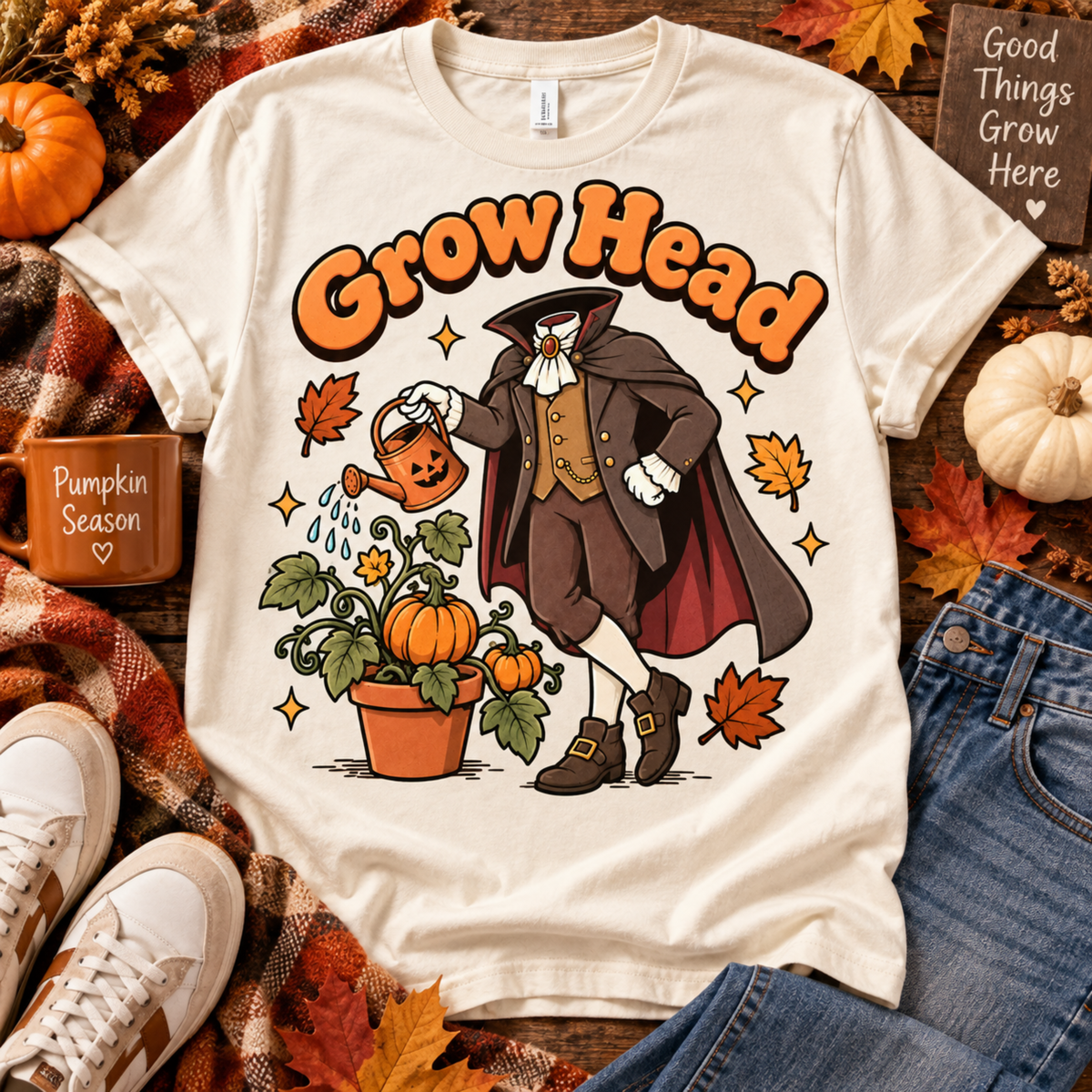 Grow Head PNG headless horseman pumpkin garden Halloween shirt design mockup on t-shirt