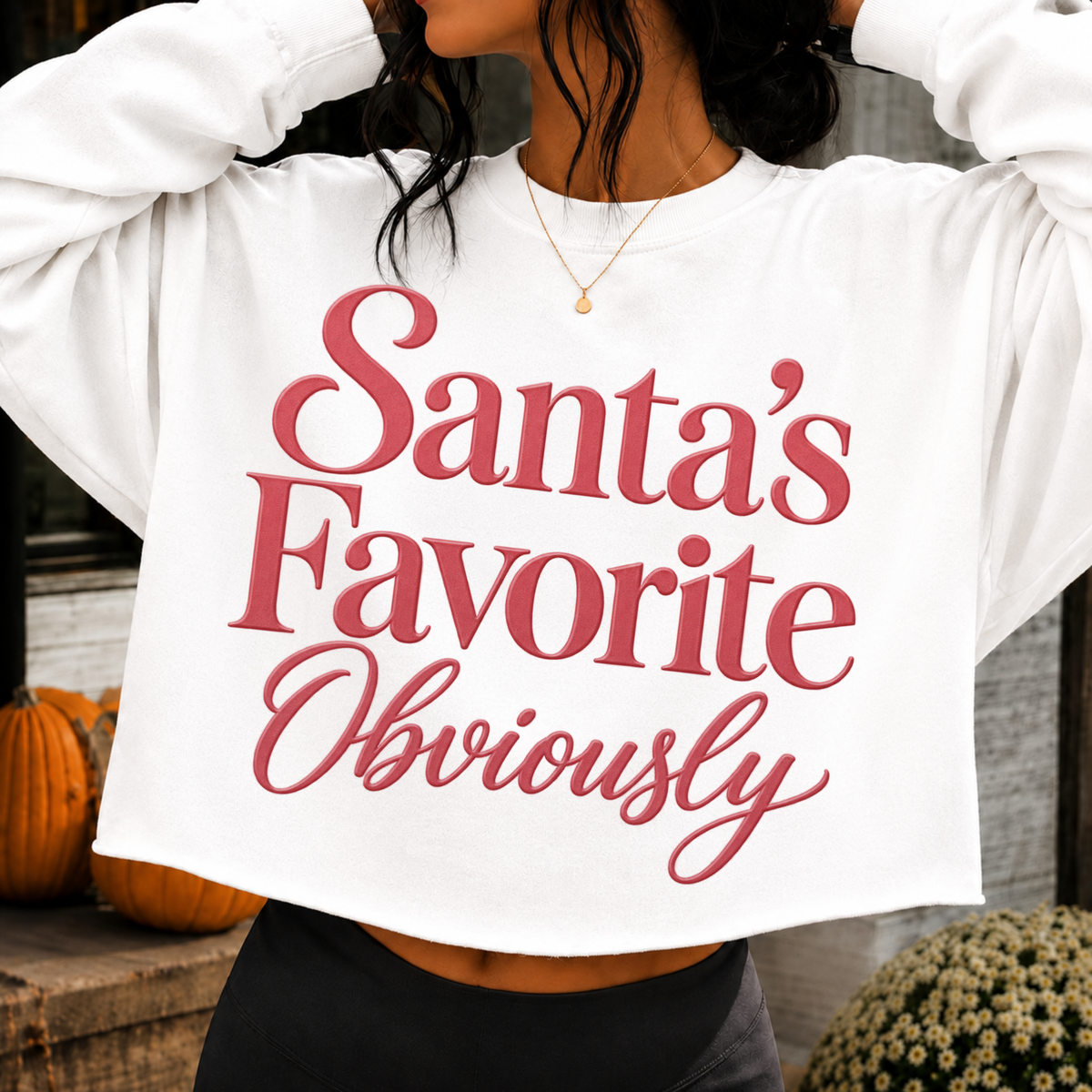 Santa's Favorite Obviously PNG design, red Victorian lettering with bow and pink script, transparent background