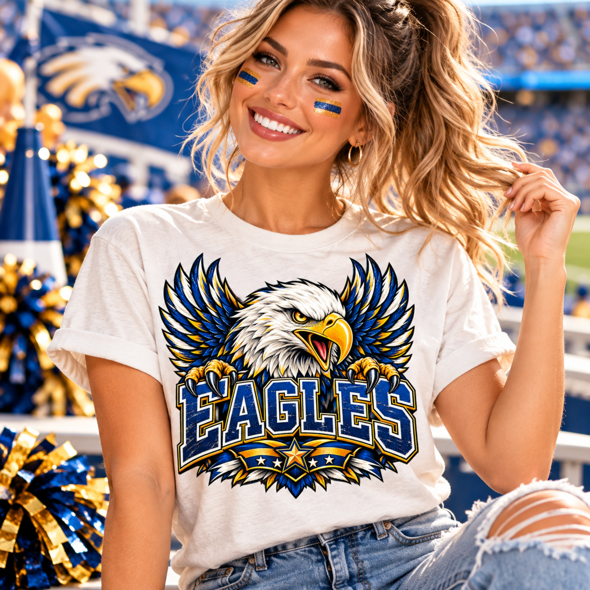 Eagles mascot PNG navy and gold team spirit shirt design mockup on t-shirt