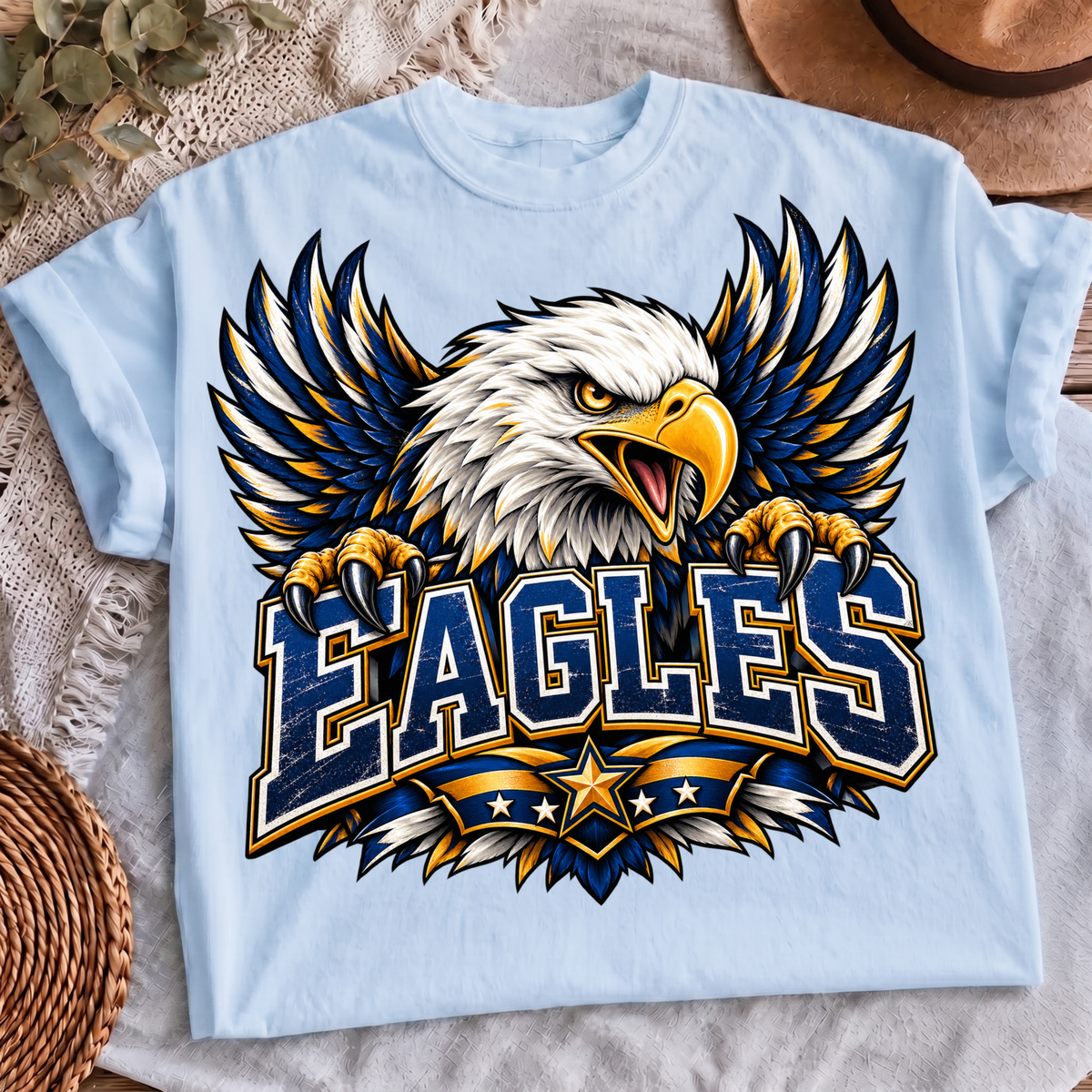 Eagles mascot PNG navy and gold team spirit shirt design, t-shirt mockup 2