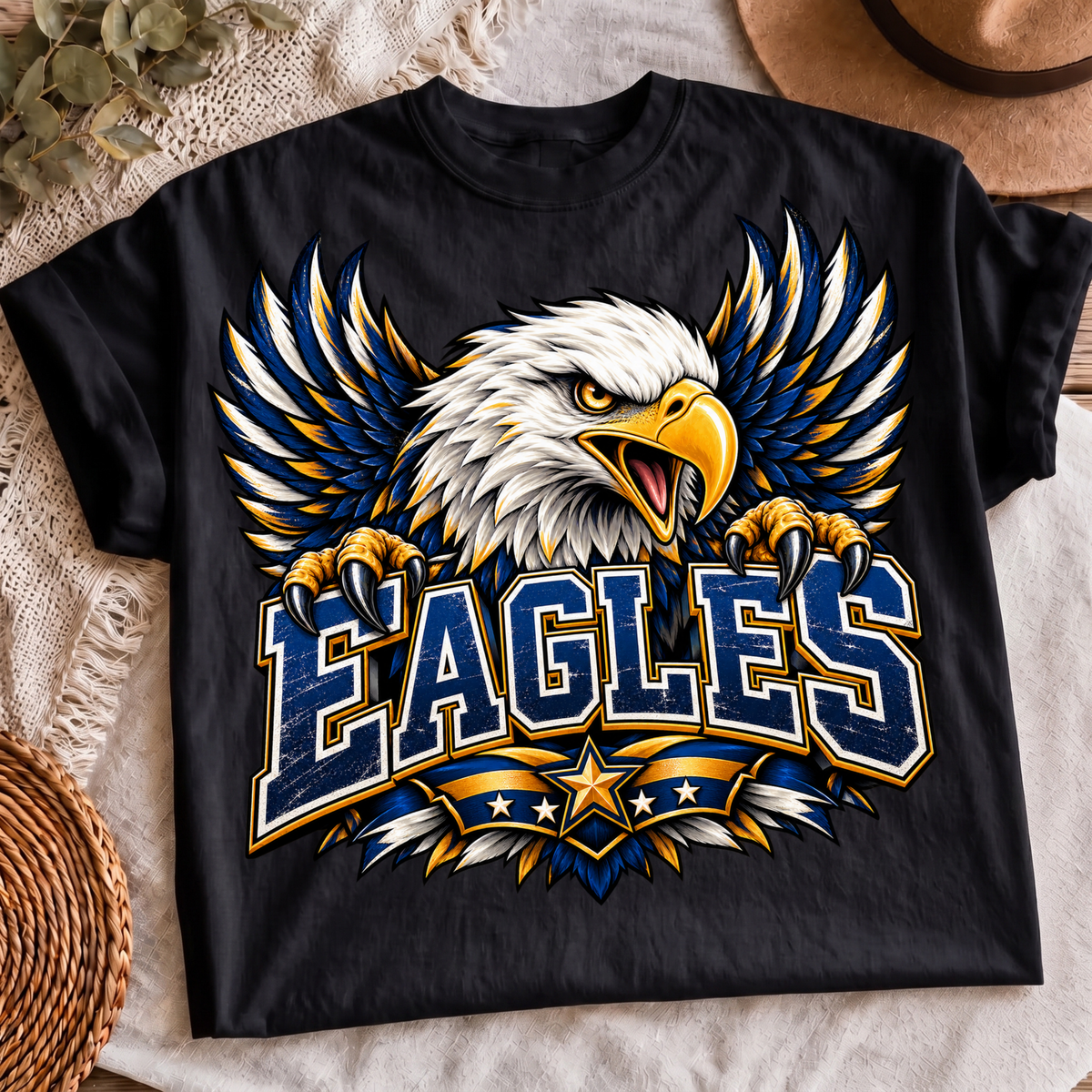 Eagles mascot PNG navy and gold team spirit shirt design, t-shirt mockup 3