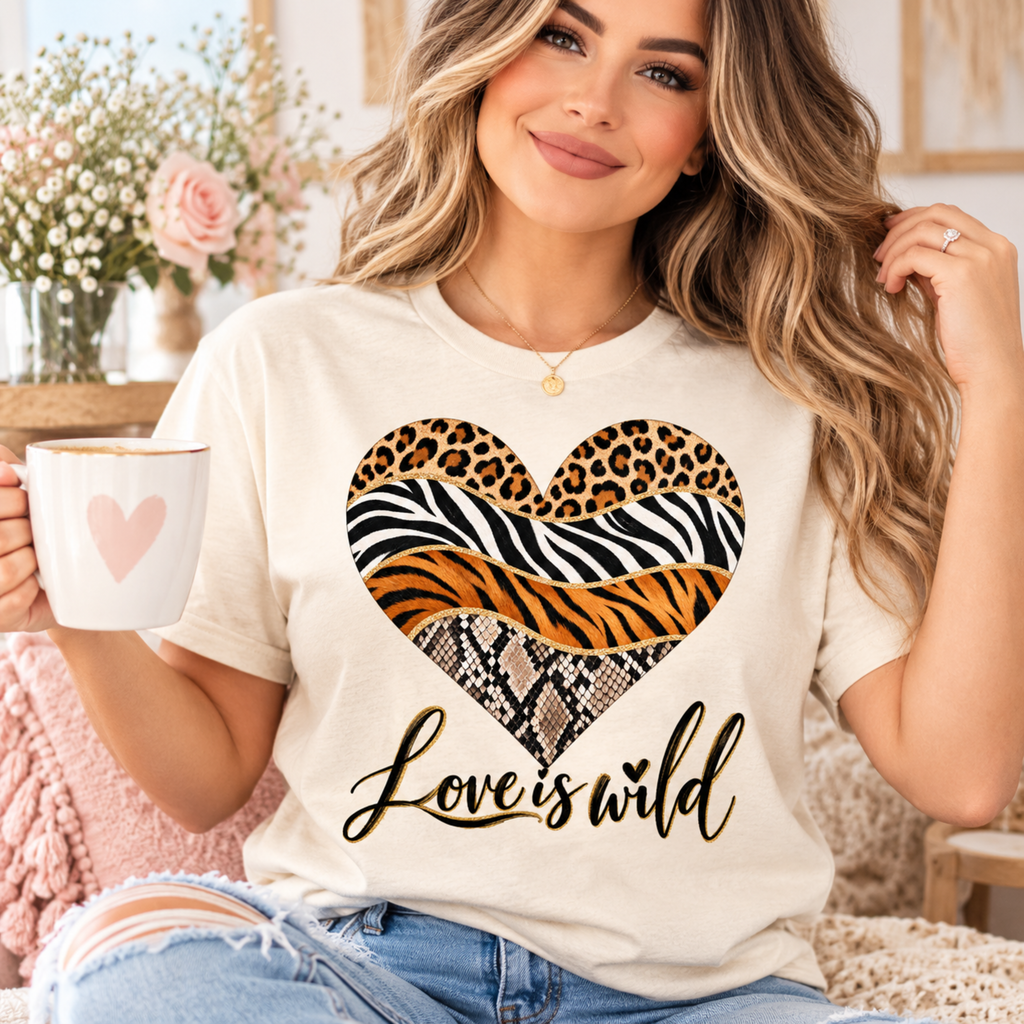 Love Is Wild PNG animal print heart shirt design mockup on t-shirt