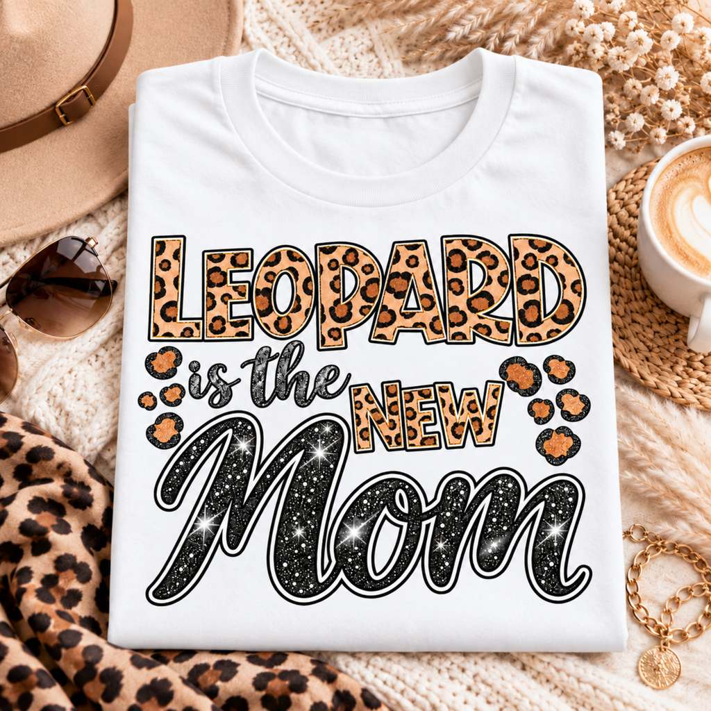 Leopard Is The New Mom PNG glitter leopard print mom shirt design mockup on t-shirt