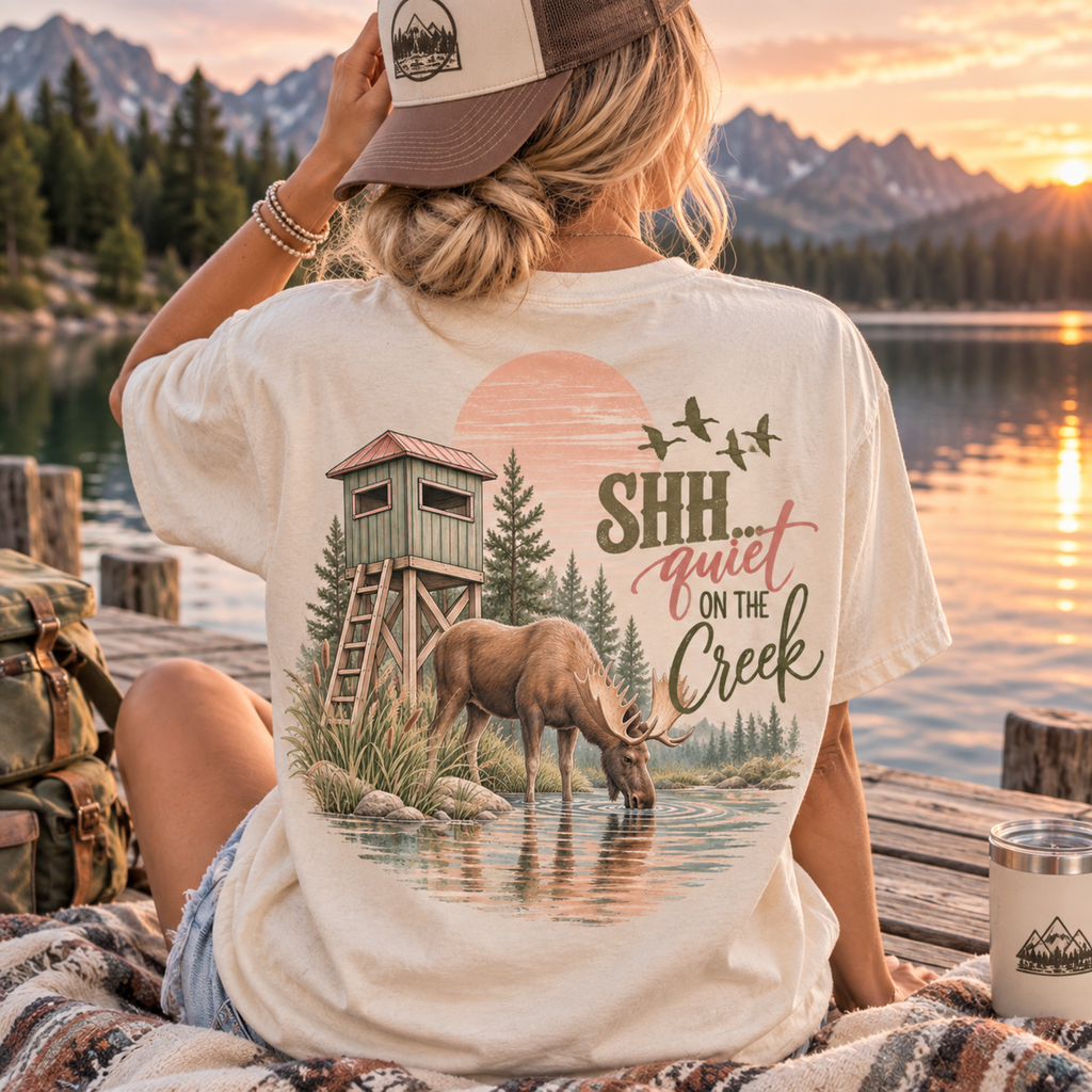 Shh Quiet on the Creek PNG moose hunting blind shirt design mockup on t-shirt