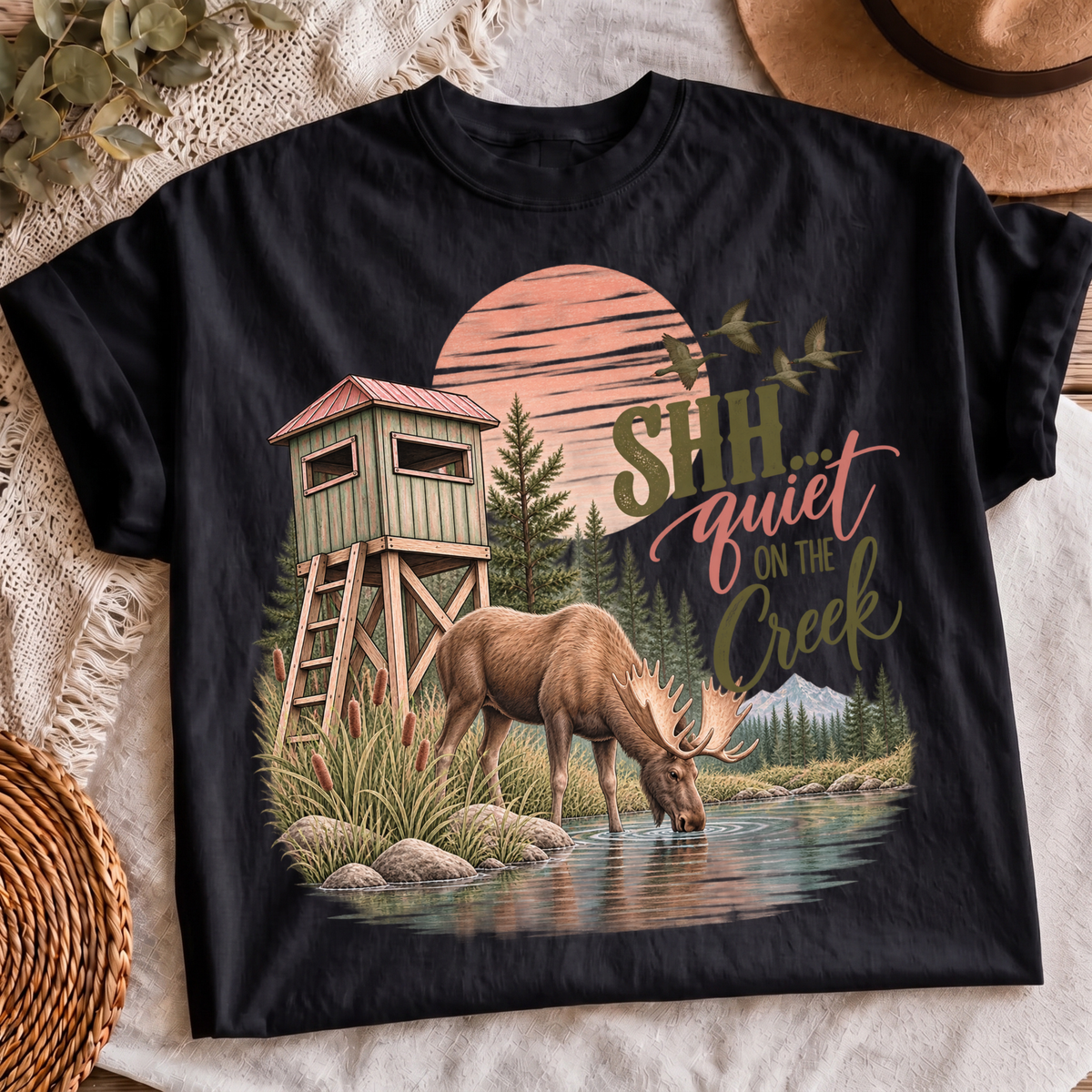Shh Quiet on the Creek PNG moose hunting blind shirt design, t-shirt mockup 4