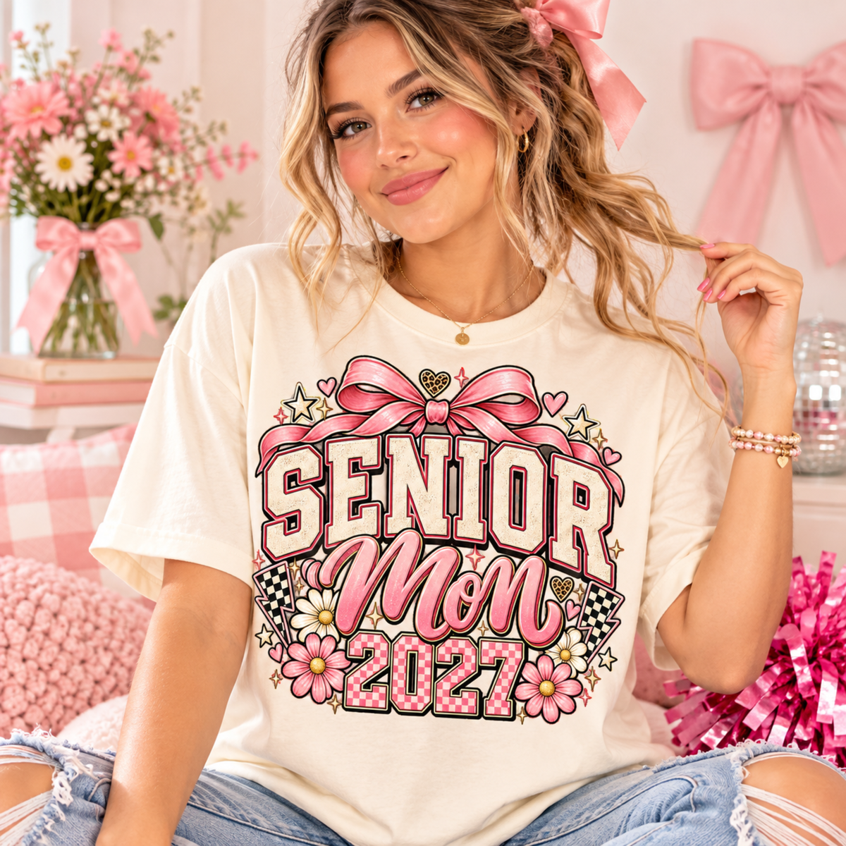 Senior Mom 2027 PNG coquette pink bow varsity shirt design mockup on t-shirt