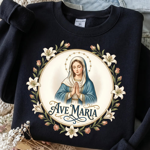 Ave Maria PNG Blessed Mother lilies and roses Catholic shirt mockup