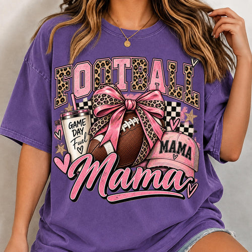 Football Mama PNG pink leopard bow varsity game day shirt mockup