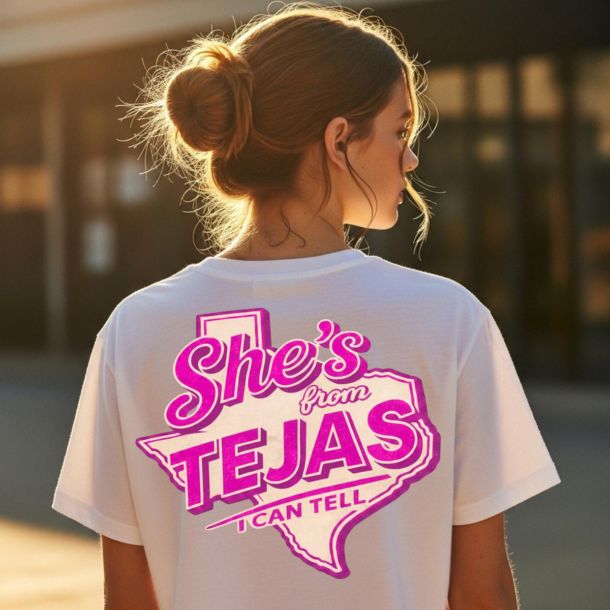 She's From Tejas I Can Tell PNG pink Y2K cowgirl Texas shirt mockup