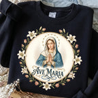 Ave Maria PNG Blessed Mother lilies and roses Catholic shirt mockup
