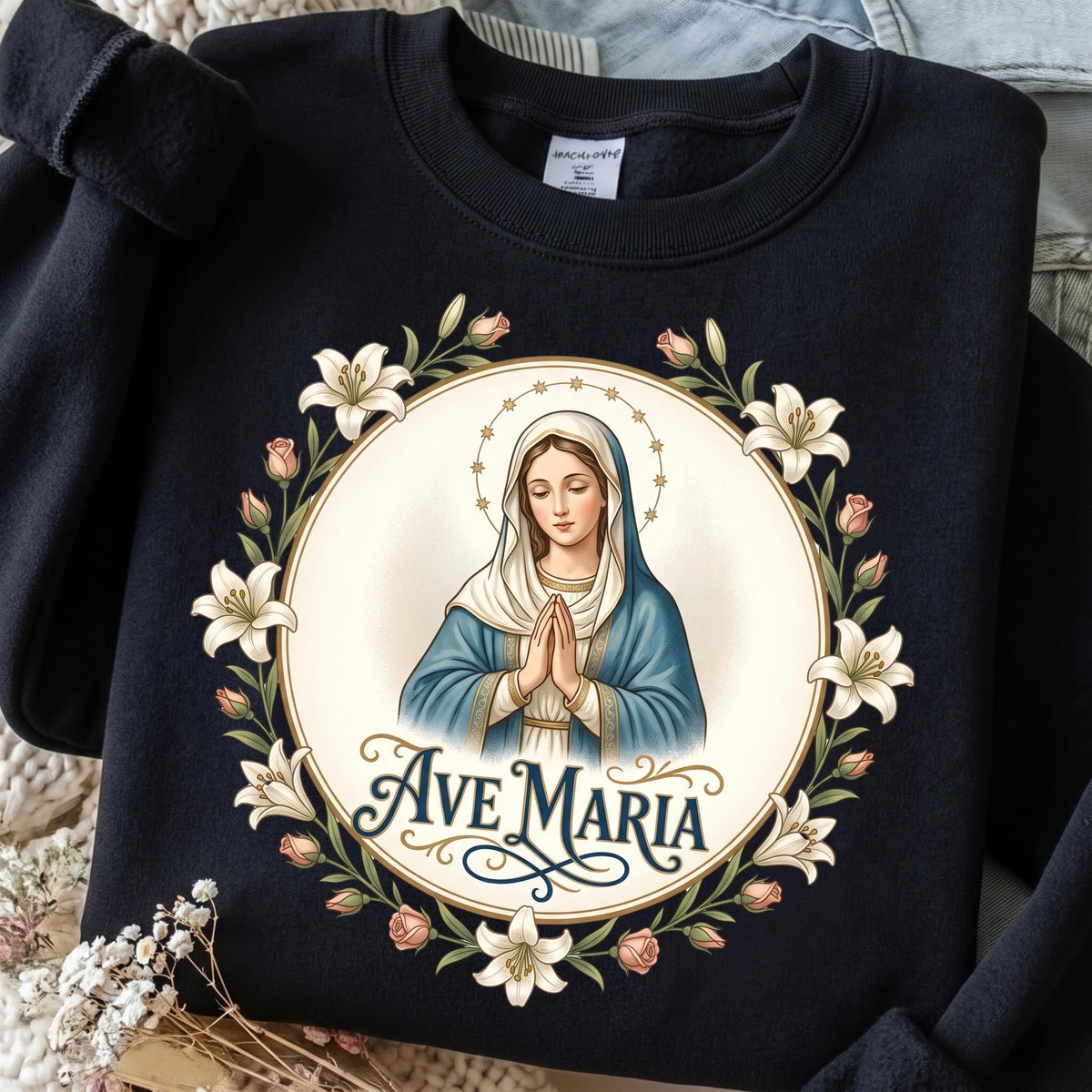 Ave Maria PNG Blessed Mother lilies and roses Catholic shirt mockup
