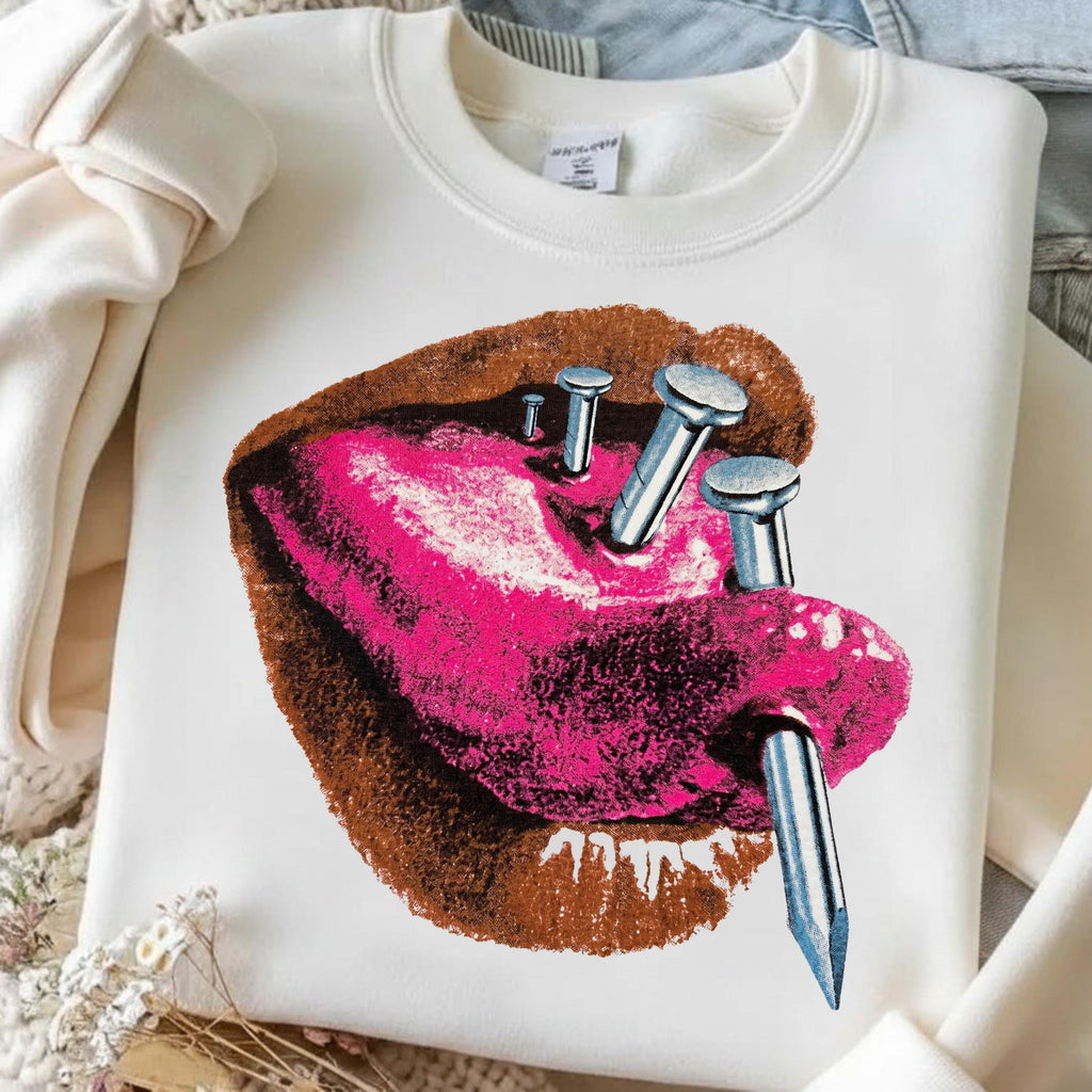 Punk lips PNG grunge pink tongue with nails shirt mockup