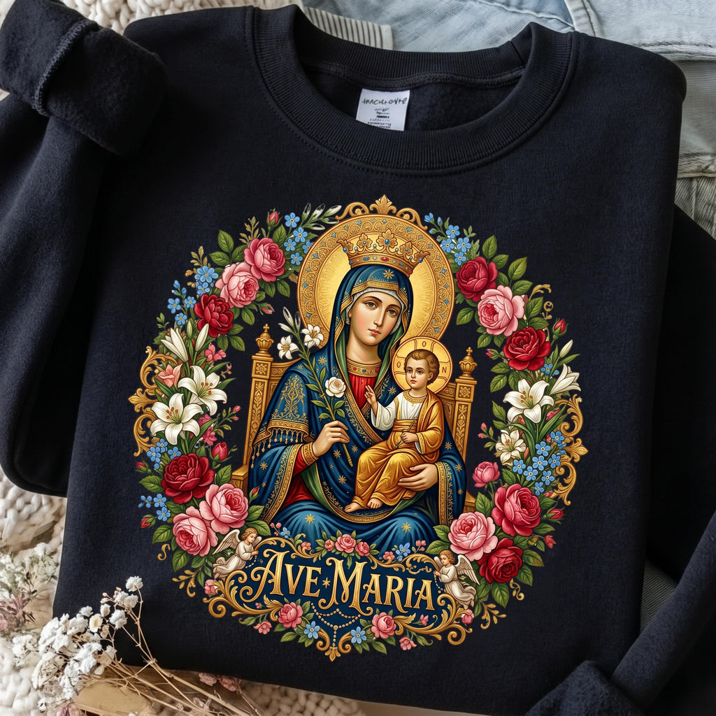 Ave Maria PNG Virgin Mary with baby Jesus floral design mockup
