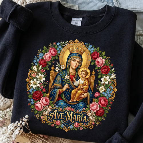 Ave Maria PNG Virgin Mary with baby Jesus floral design mockup
