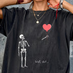 Skeleton with pink heart balloon dark humor PNG, mockup 2