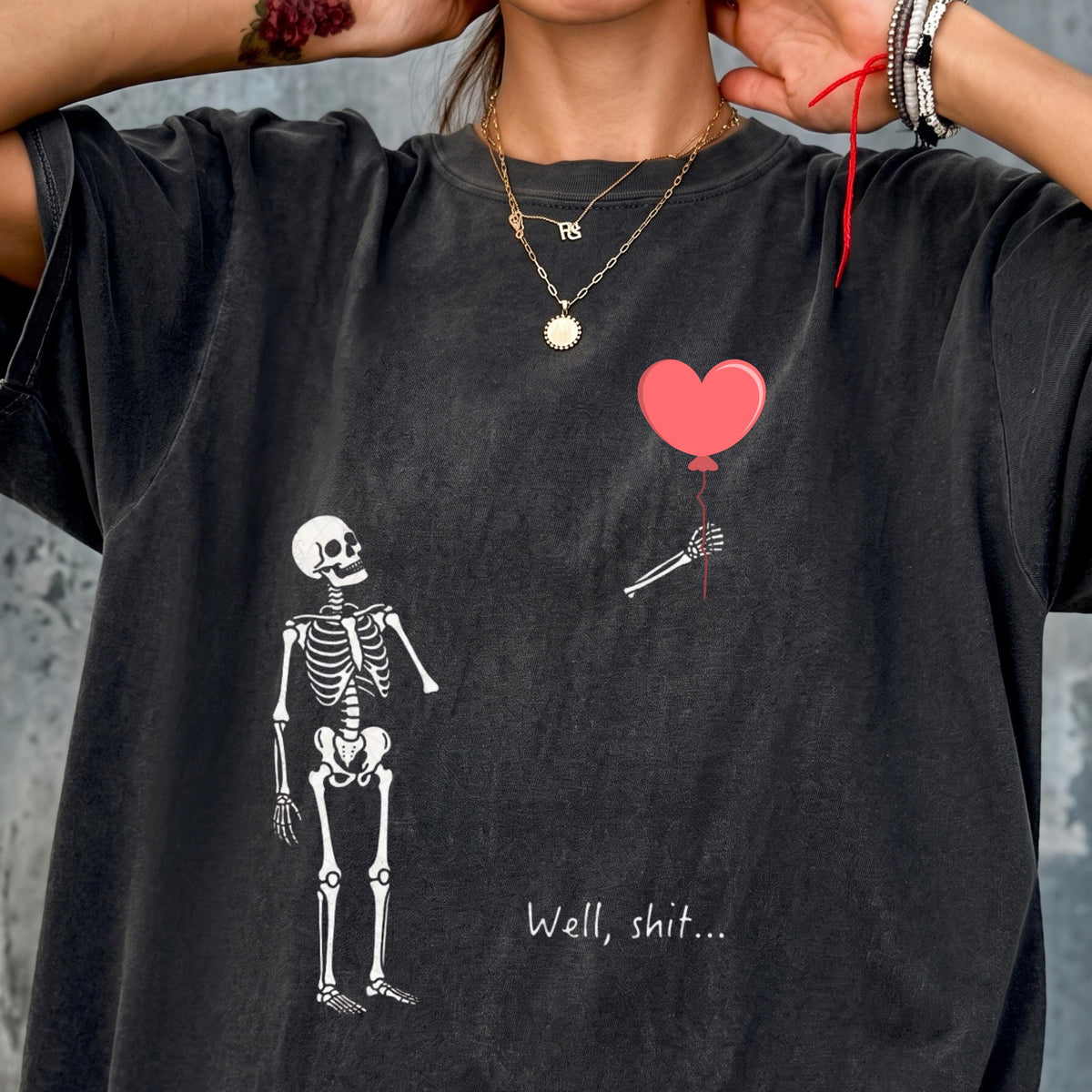 Skeleton with pink heart balloon dark humor PNG, mockup 2
