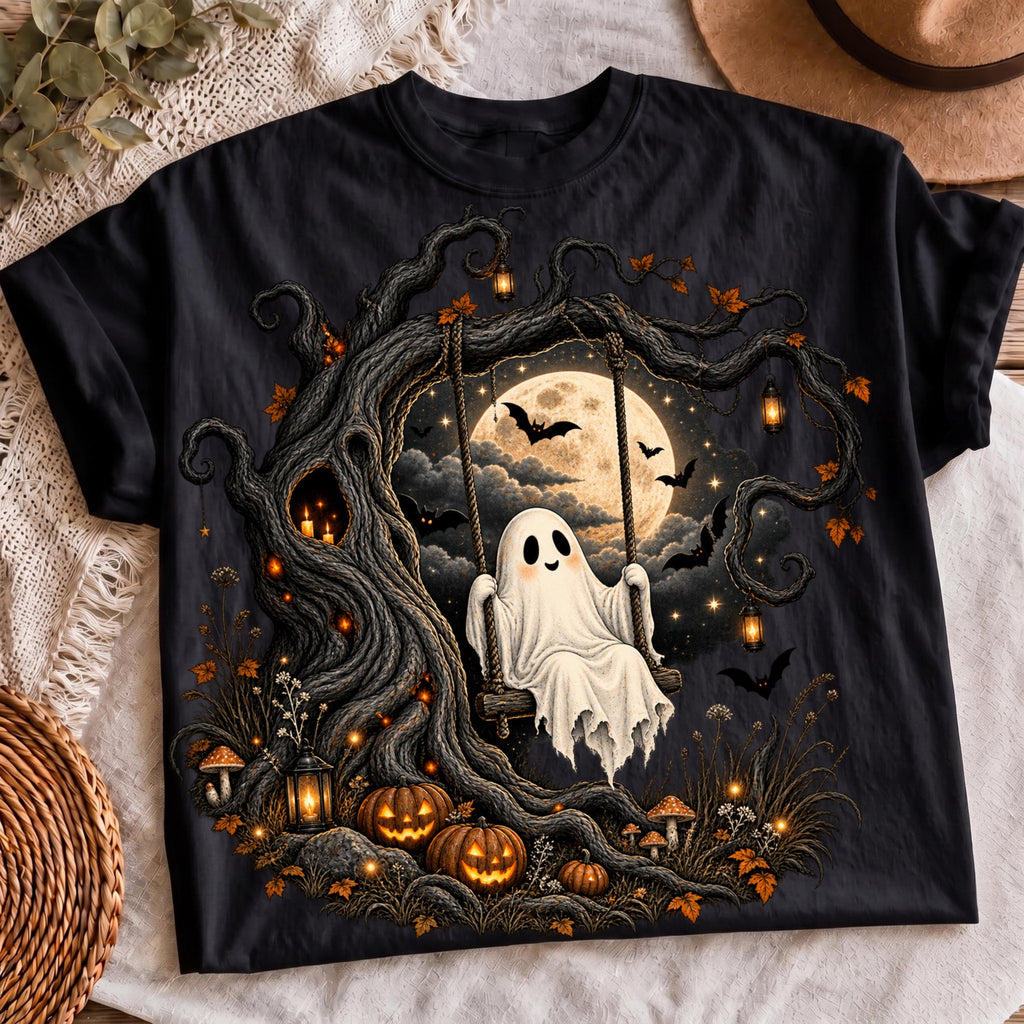 Cute ghost on swing lanterns PNG, mockup 2