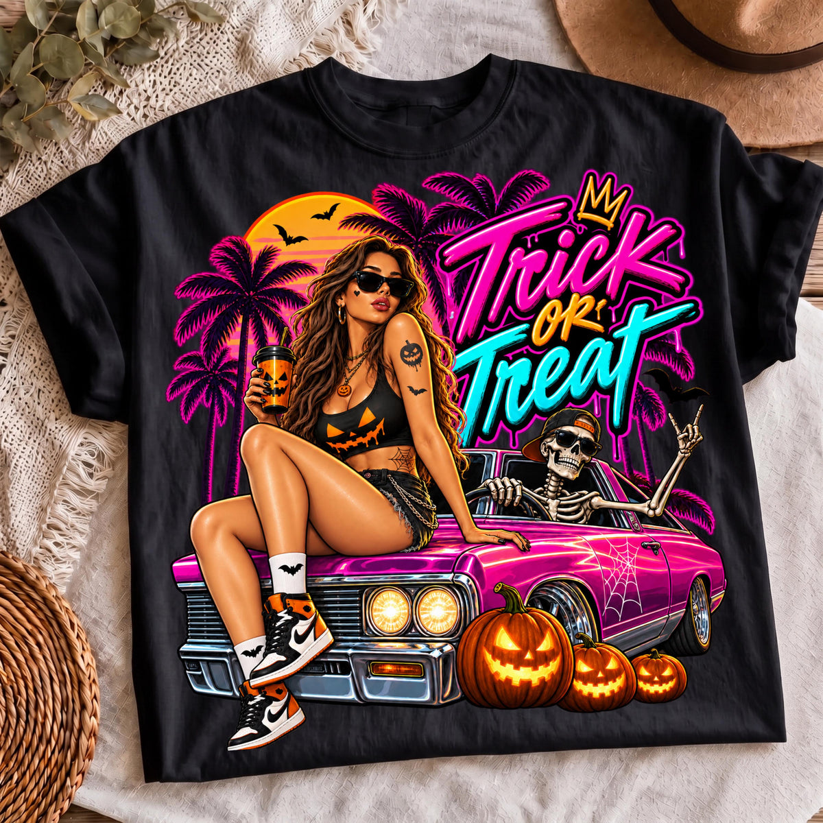 Retro horror neon Halloween PNG pink car skeleton shirt mockup