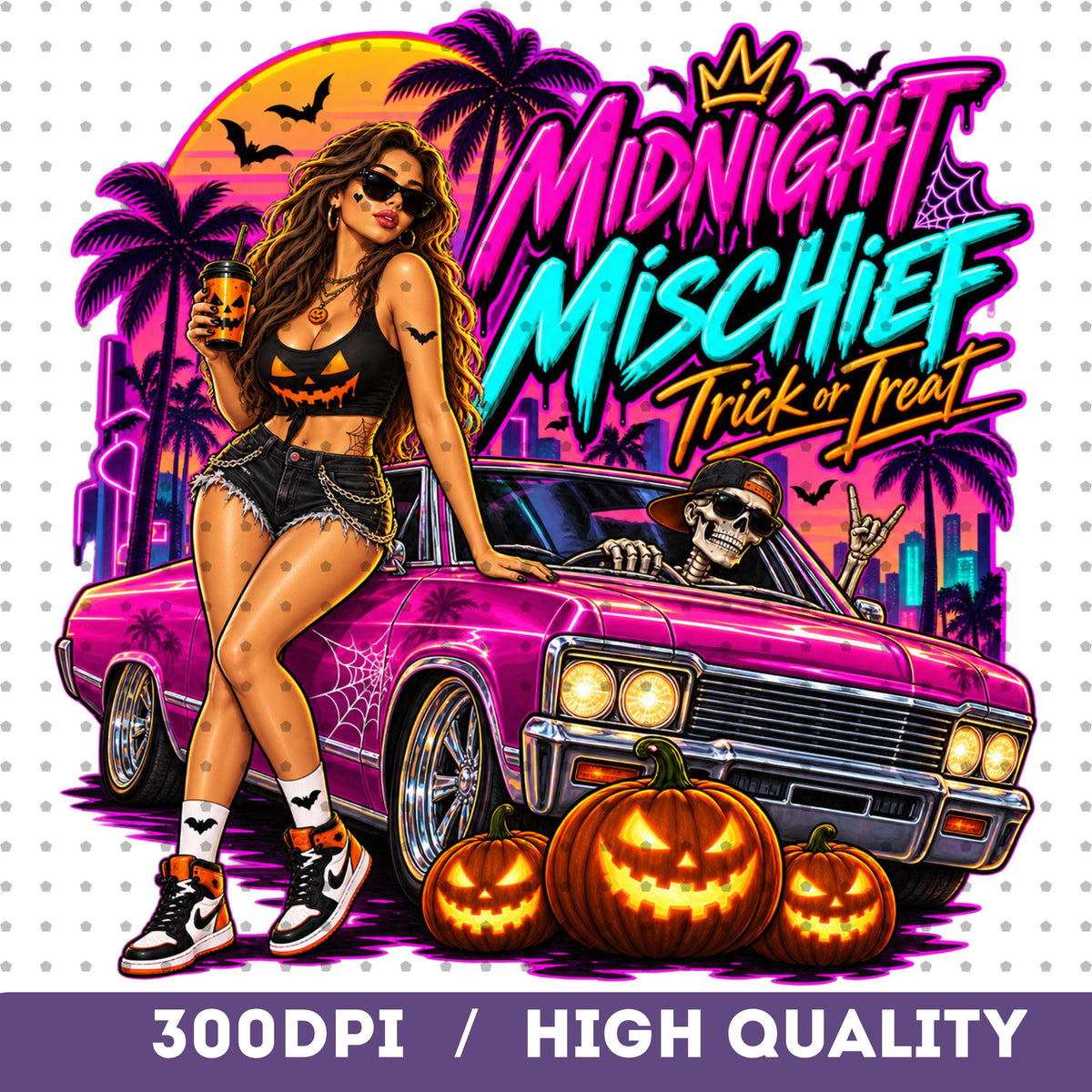 Pink car Trick or Treat PNG neon Halloween girl shirt mockup