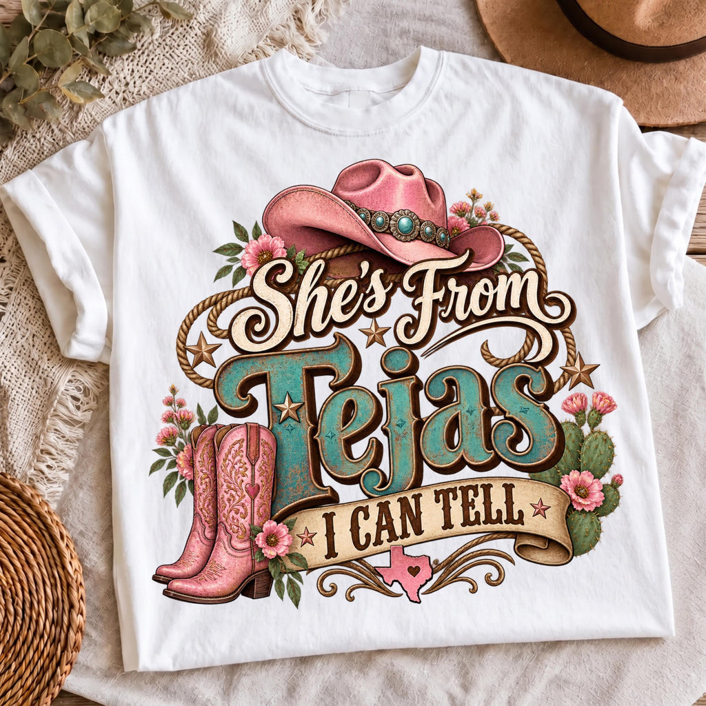 She's From Tejas PNG cowgirl hat boots floral cactus shirt mockup