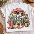 She's From Tejas PNG cowgirl hat boots floral cactus shirt mockup