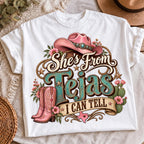 She's From Tejas PNG cowgirl hat boots floral cactus shirt mockup