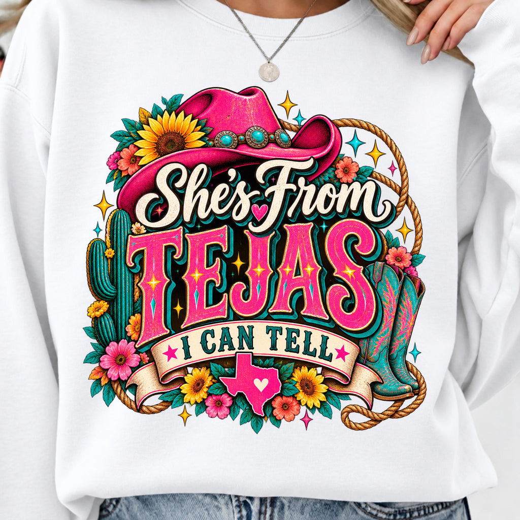 She's From Tejas PNG pink cowgirl hat turquoise boots shirt mockup