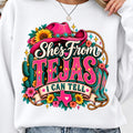 She's From Tejas PNG pink cowgirl hat turquoise boots shirt mockup