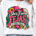 She's From Tejas PNG pink cowgirl hat turquoise boots shirt mockup