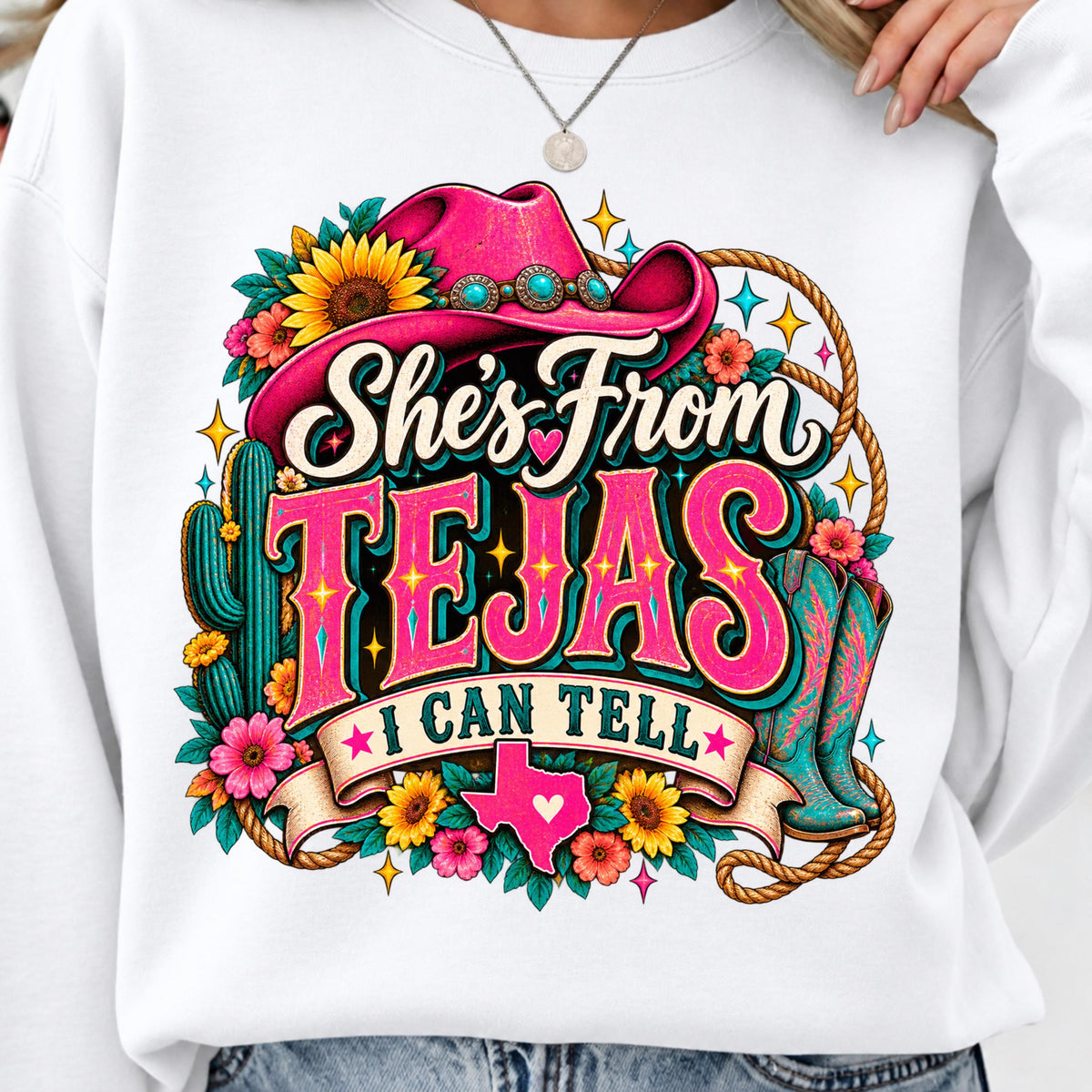 She's From Tejas PNG pink cowgirl hat turquoise boots shirt mockup