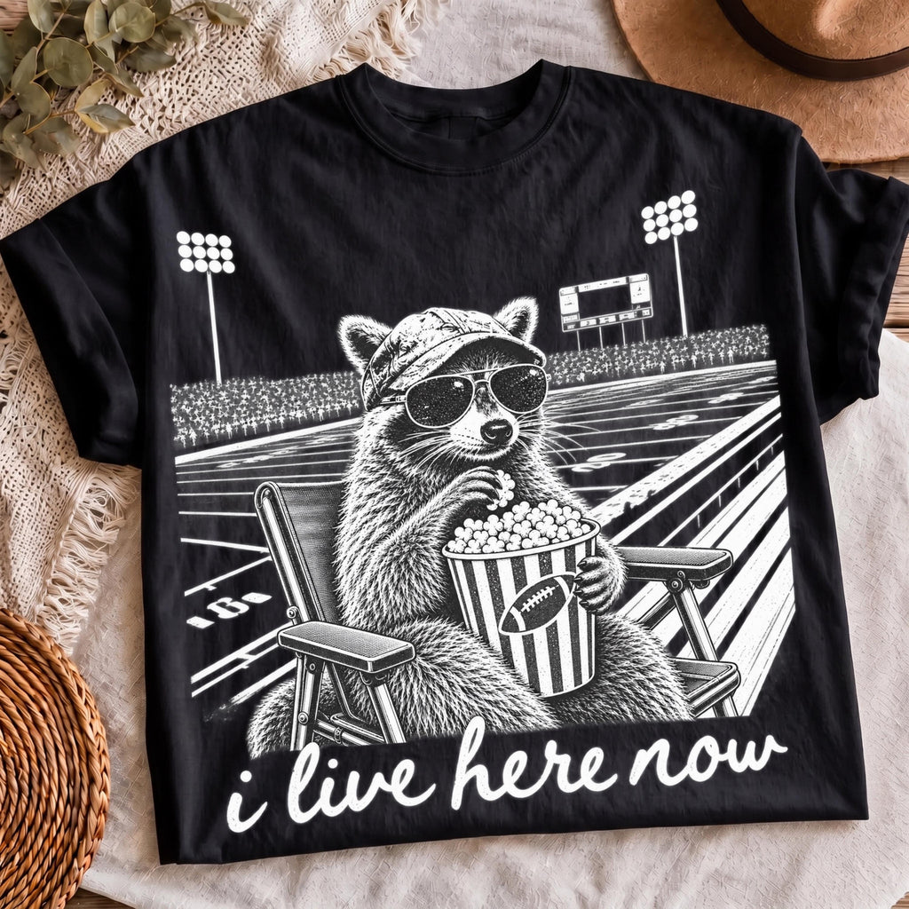 Raccoon football PNG I Live Here Now funny game day shirt mockup