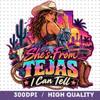 She's From Tejas I Can Tell PNG neon western cowgirl shirt mockup
