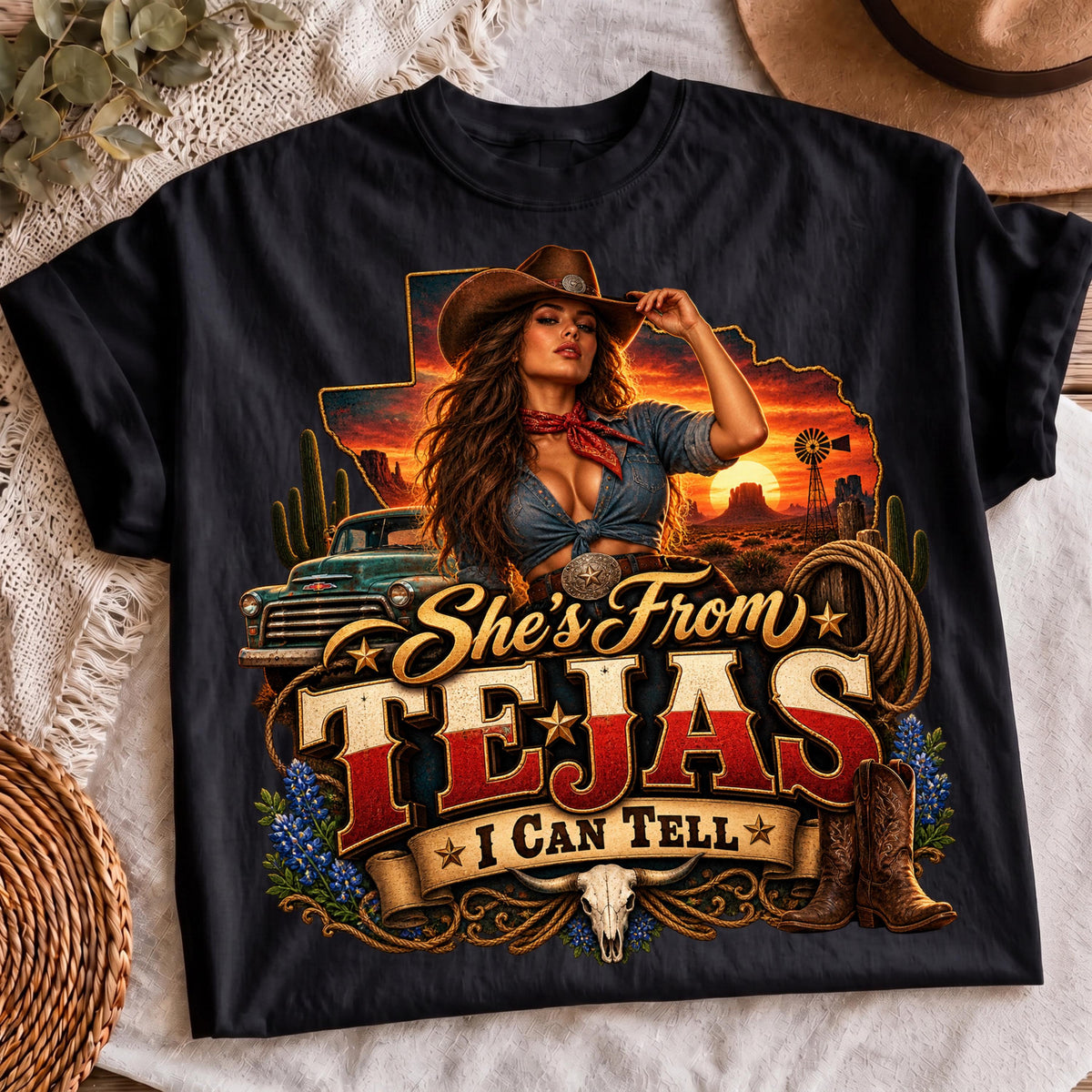 She's From Tejas I Can Tell PNG vintage rodeo cowgirl shirt mockup