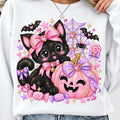 Pink Halloween black cat PNG coquette pumpkin bow shirt mockup