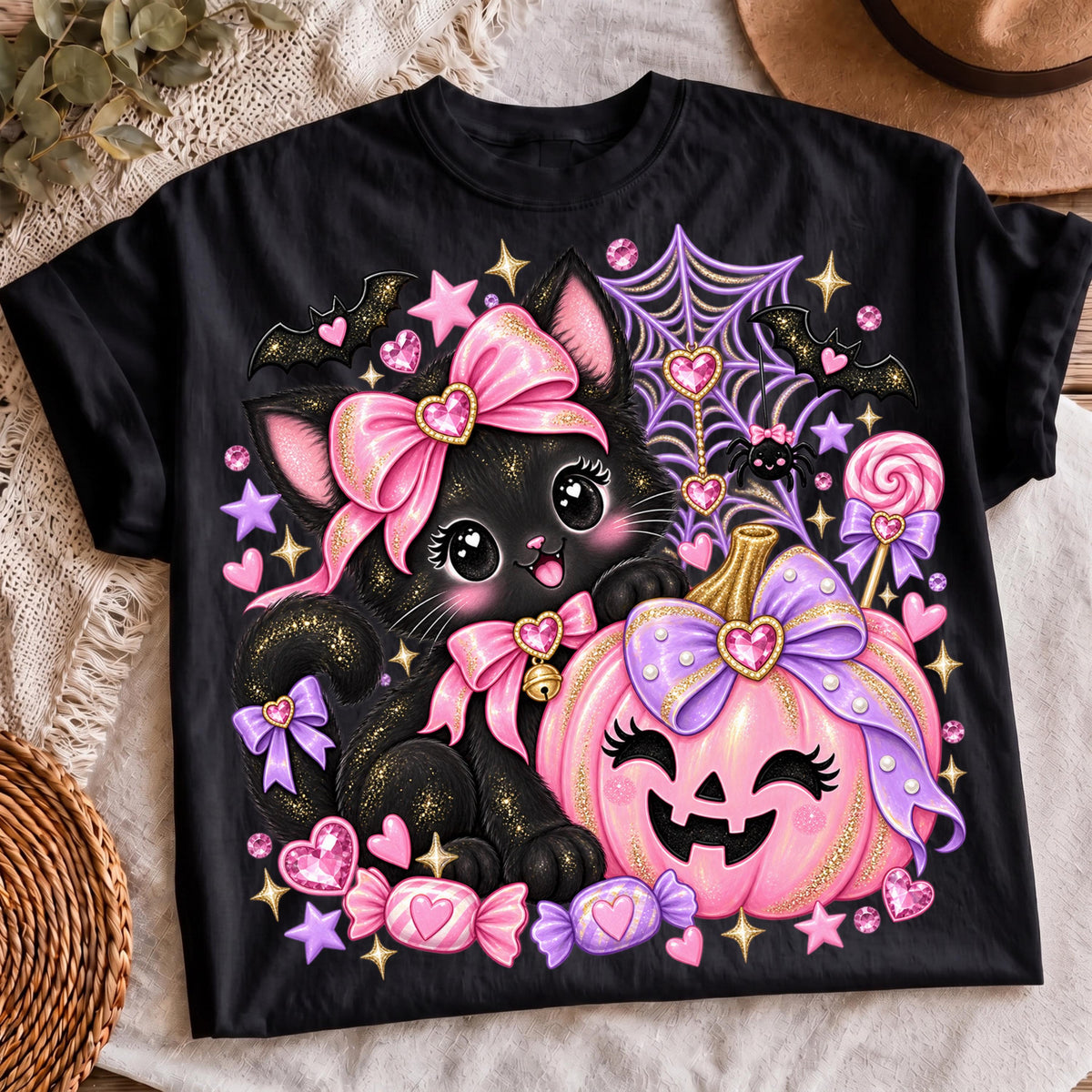 Coquette Halloween cat design, mockup 3