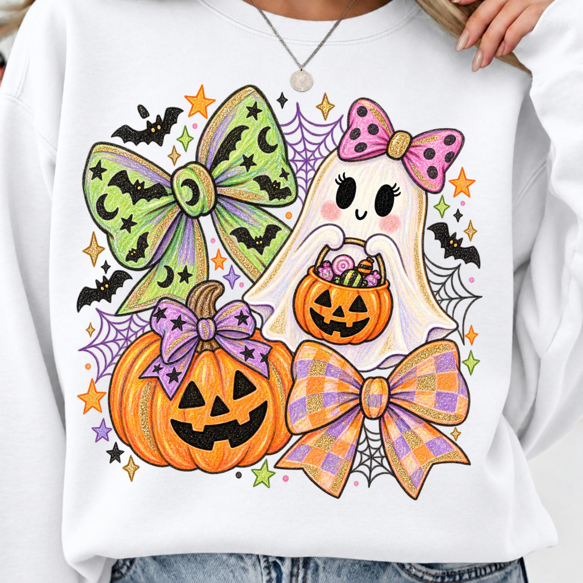 Crayon Halloween ghost PNG hand drawn pumpkin bow shirt mockup