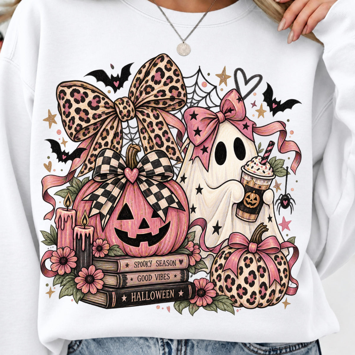Pink Halloween ghost PNG vintage leopard pumpkin shirt mockup