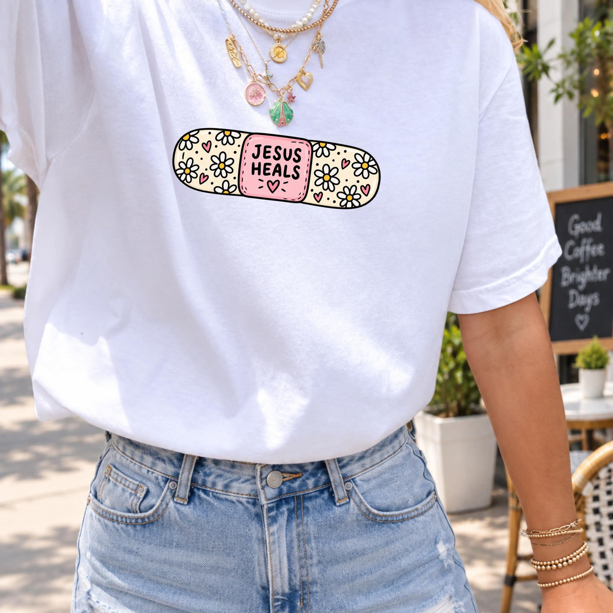 Jesus Heals PNG pink floral bandage Christian shirt mockup