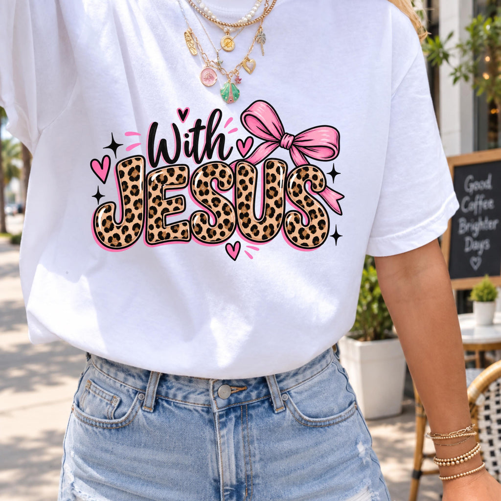 With Jesus leopard PNG pink bow Christian shirt mockup