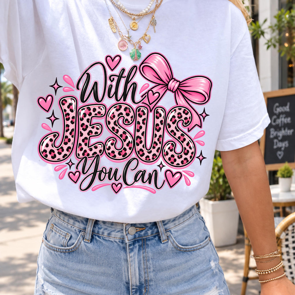 With Jesus You Can PNG pink leopard Christian shirt mockup
